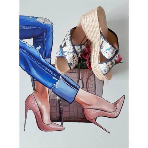 NWOT Maypol sequin & textile criss-cross strap espadrille platform wedge sandals - Picture 2 of 9